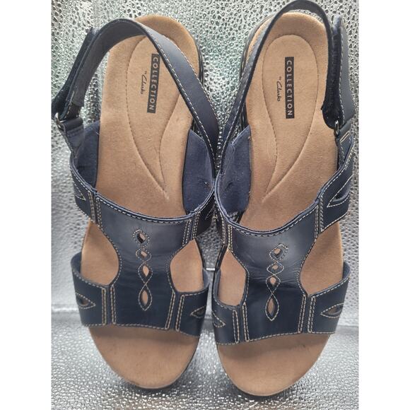 Clarks Women Navy Sandals Adjustable Velcro Strap Sz 9.5 - Picture 3 of 6